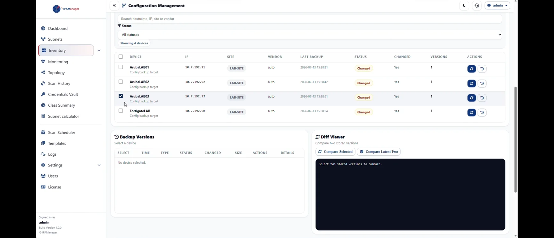 IPAManager Configuration Management page showing completed backup results and stored versions.