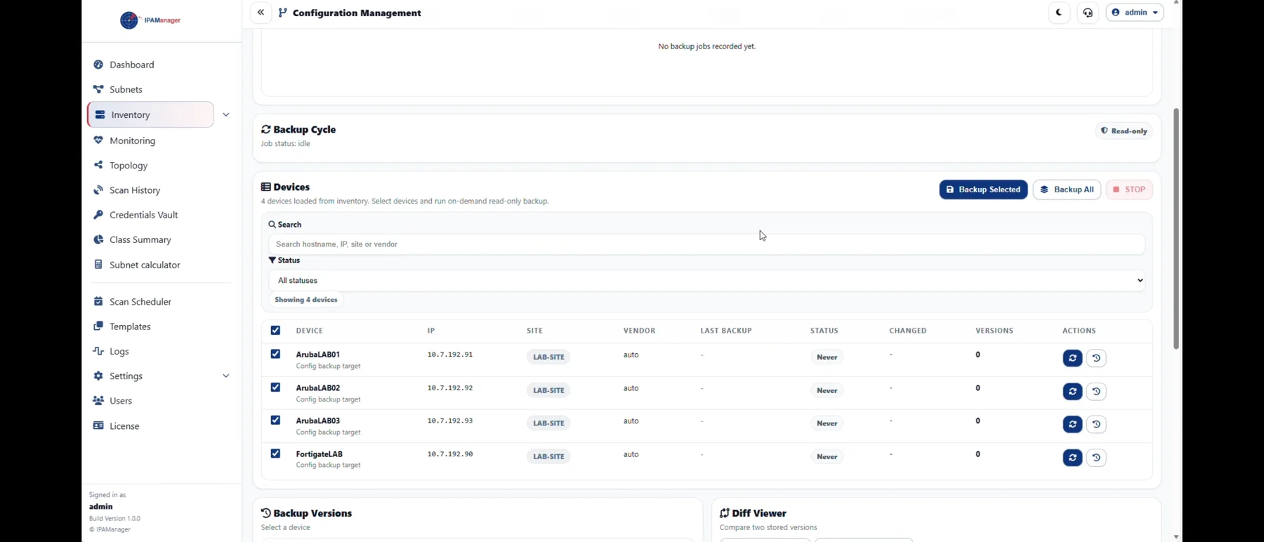 IPAManager Configuration Management page with devices selected for backup.
