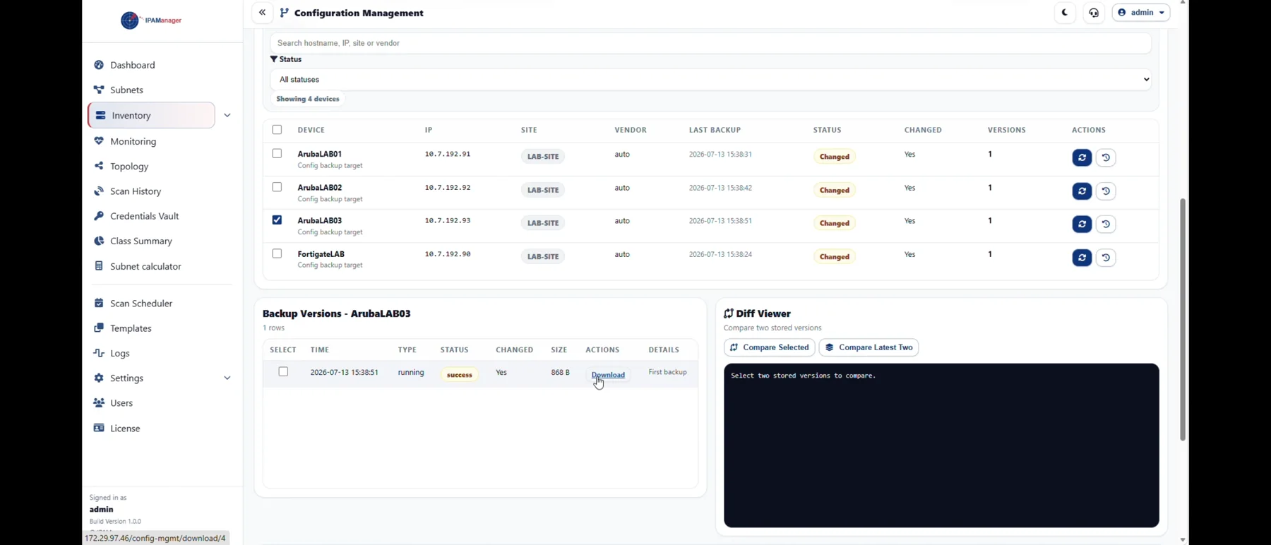 IPAManager Configuration Management page showing a selected backup version and diff viewer.