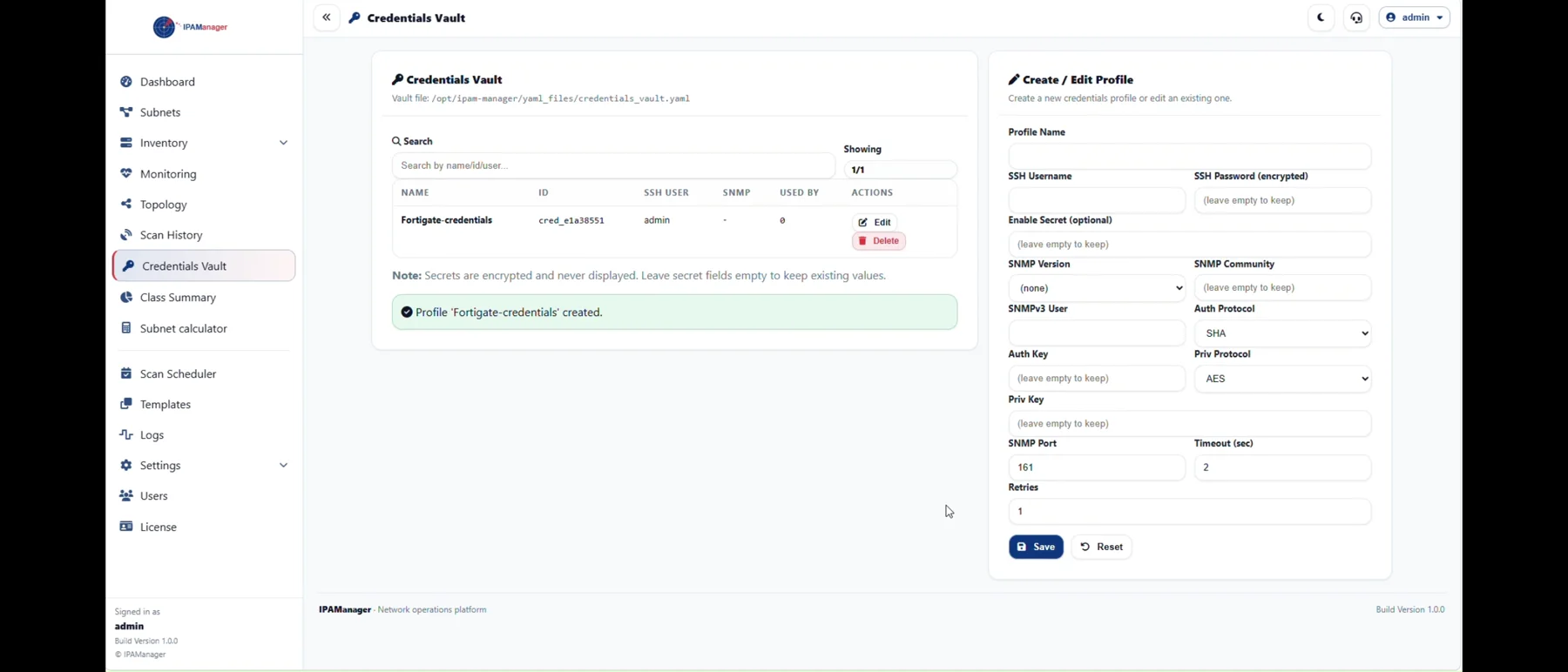 Credentials Vault showing a newly created credential profile and success confirmation.