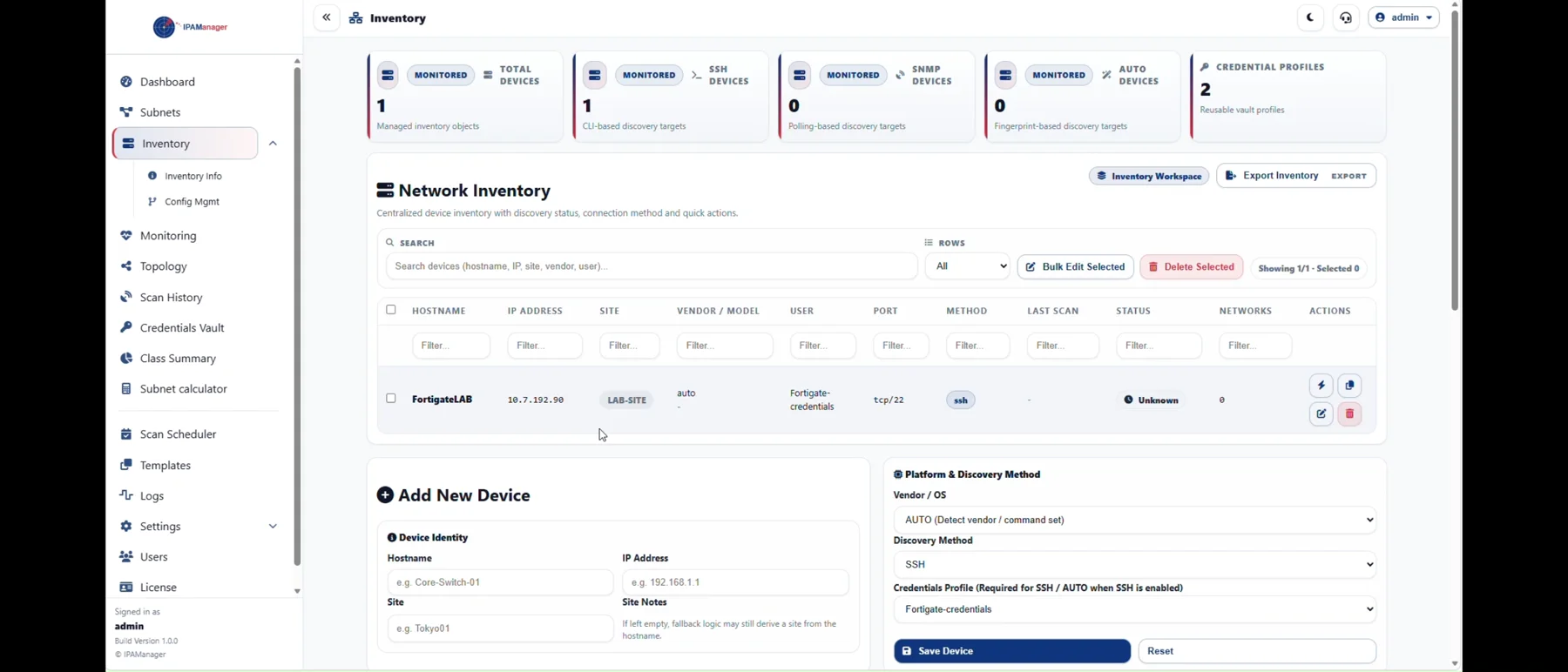 Network Inventory showing the newly added device as an inventory row.